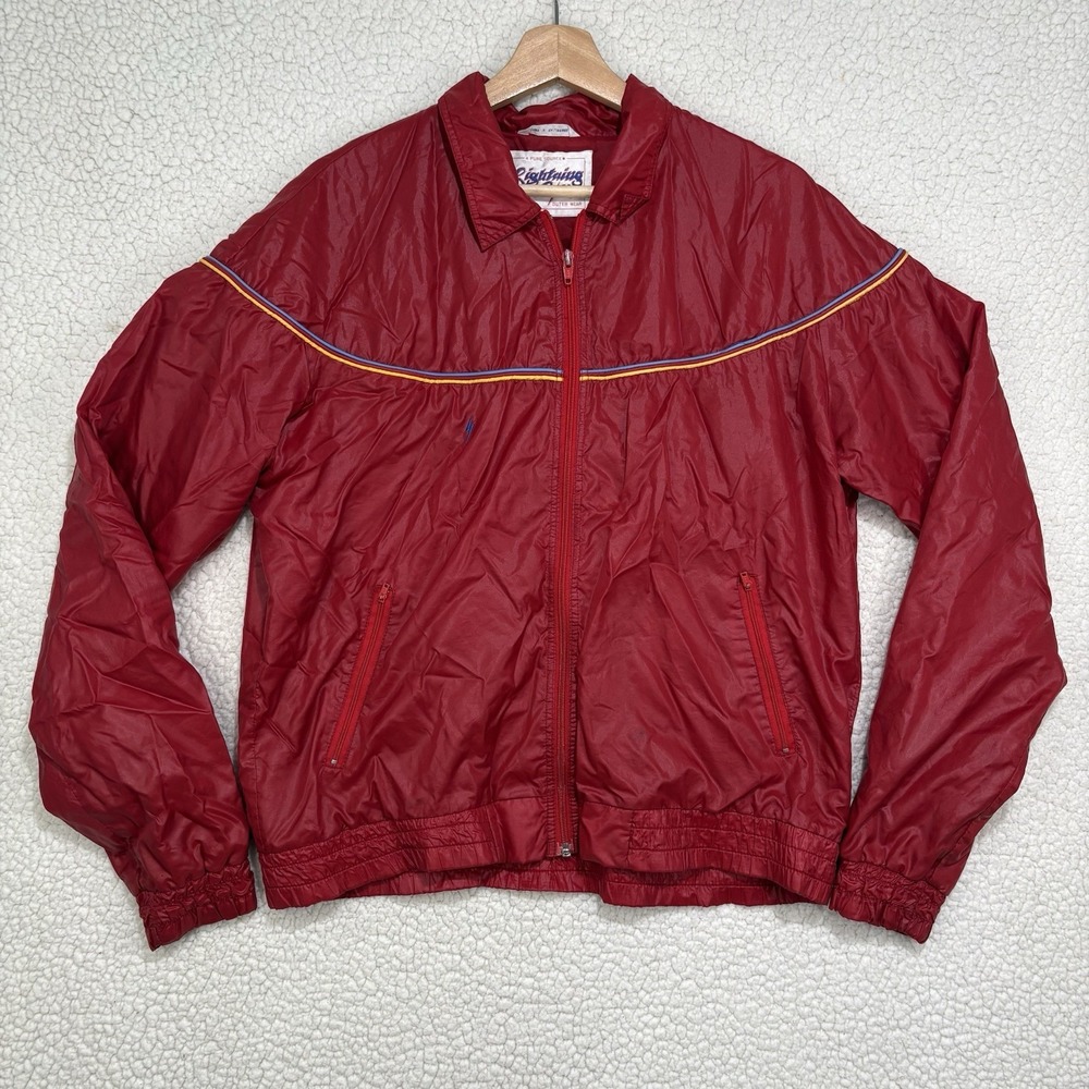 Vintage 70s 80s‎ Lightning Bolt Jacket Mens Size L Red Striped Windbreaker Surf